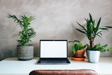 Workstation with laptop with blank screen in home or office with green tropical plants on white desk and gray concrete wall