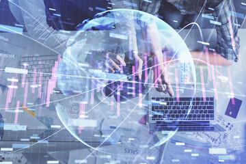 Double exposure of man and woman working together and financial graph hologram drawing. market analysis concept. Computer background. Top View.