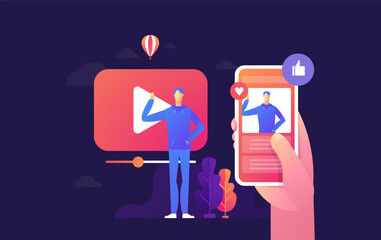 people streaming online video with their laptop, smartphone vector illustration concept, online tutorial video streaming can use for, landing page. - obrazy, fototapety, plakaty