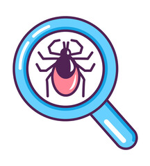 Pliers in a magnifying glass. Research of a deer tick. Danger of canine bloodsucker. Vector flat cartoon icon illustration