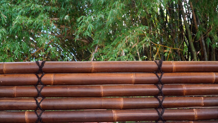 Five dark brown bamboos with black ropes, blurred background of bamboo tree leaves. Can be a design...