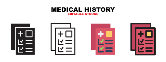 Medical History icon set with different styles. Icons designed in filled, outline, flat, glyph and line colored. Editable stroke and pixel perfect. Can be used for web, mobile, ui and more.