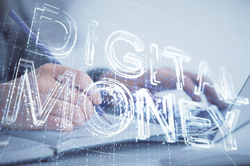 Double exposure of woman hands typing on computer and crypto market theme hologram drawing. Blockchain concept.