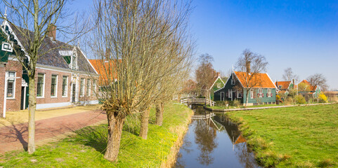 Panorama of trees at the canal of Zaanse Schans, Netherlands