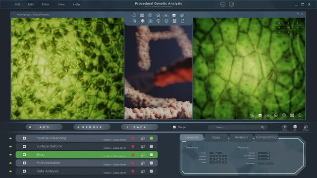 Mock up HUD user interface of biological animation microscopic gmo plant cell, modern software app rendering 3d digital image for research and science. Microbiology illustration of genetic membrane