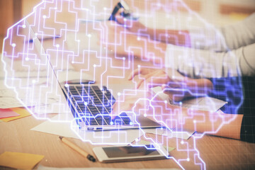 Multi exposure of woman hands working on computer and brain hologram drawing. Ai concept.