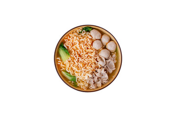 Instant noodles, Chinese cabbage, pork, pork meatballs in a ceramic bowl on a white wooden floor, top view. with clipping path.