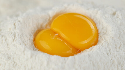 eggs in pile of flour close up. a bunch of flour with raw eggs