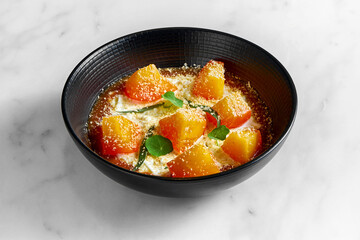 An appetizing and unusual Italian dessert - Stracciatella di bufala with persimmon and jam, served in a black plate on a marble background.