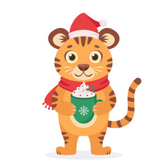 Cute tiger in a scarf with coffee cup. Year of the tiger. Vector illustration