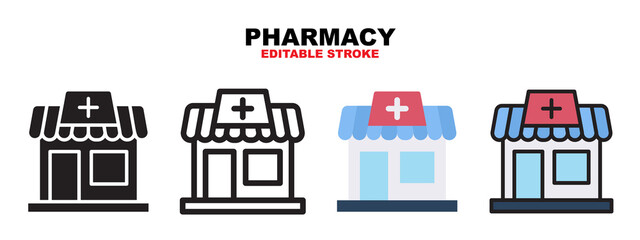 Pharmacy icon set with different styles. Icons designed in filled, outline, flat, glyph and line colored. Editable stroke and pixel perfect. Can be used for web, mobile, ui and more.