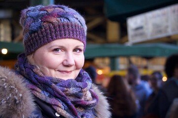 Pretty young woman close up, winter, female with colourful hat outdoor, turist, scandinavian turist, Danish girl close up