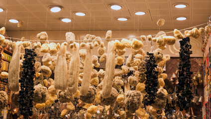 Natural sponge of various species are hanging from the ceiling of a shop in Turkey.
