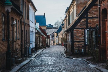 View down the cobblestone streets in Lund, Sweden