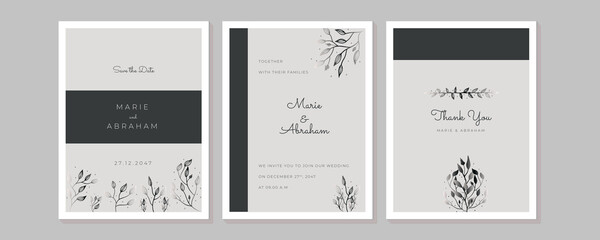 Fototapeta na wymiar Minimalist wedding invitation card template design, floral black line art ink drawing with square frame on light grey