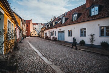 Obraz na płótnie Canvas View down the cobblestone streets in Lund, Sweden
