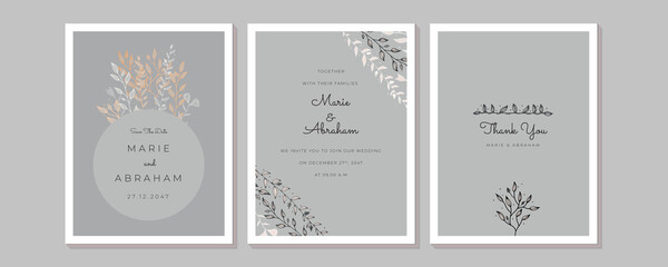 Minimalist wedding invitation card template design, floral black line art ink drawing with square frame on light grey