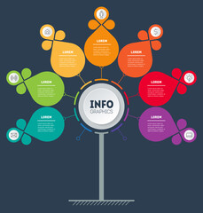 Web Template of tree, diagram with seven parts. Vector infographic of technology or education processes with 7 steps. Business presentation concept with 7 options. Dark background.