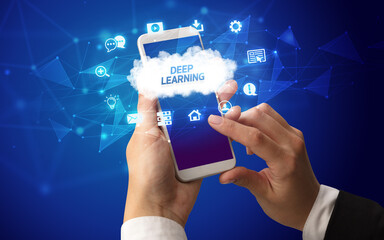 Hand using smartphone with cloud technology concept