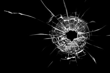 Bullet hole in the glass. Isolated on a black background.