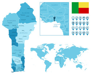 Benin detailed administrative blue map with country flag and location on the world map.