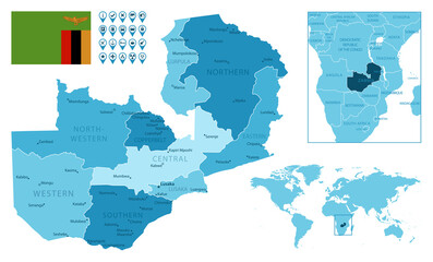 Zambia detailed administrative blue map with country flag and location on the world map.