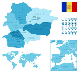 Andorra detailed administrative blue map with country flag and location on the world map.