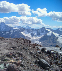 Fototapeta na wymiar Panorama of snowy mountains. Caucasus mountains.