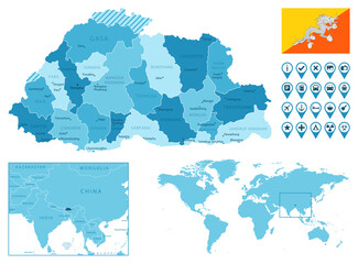 Bhutan detailed administrative blue map with country flag and location on the world map. Vector illustration