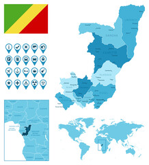 Fototapeta premium Republic of the Congo detailed administrative blue map with country flag and location on the world map. Vector illustration