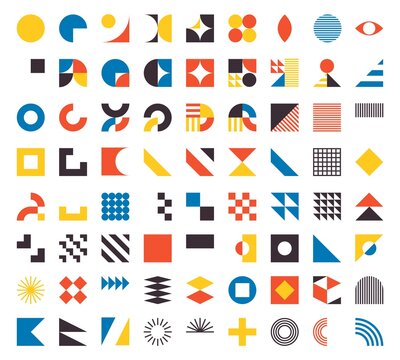 Bauhaus elements. Modern geometric abstract shapes in minimal style. Brutalism basic forms, lines, eye, circles and patterns, art vector set