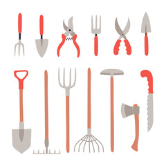 Set of gardening tools in a simple hand drawn style. Various agricultural and garden items for work in yard. Vector illustration on white background.
