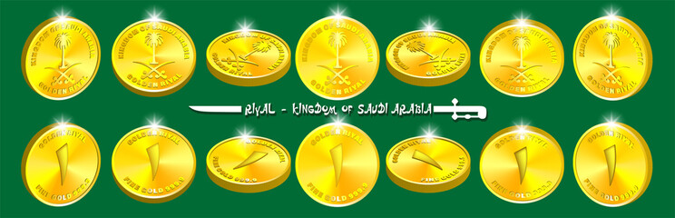 3d set of volumetric coins with ribbed edge. Golden riyal with the coat of arms of the Kingdom of Saudi Arabia. Obverse and reverse, bright radiant highlights. Green background