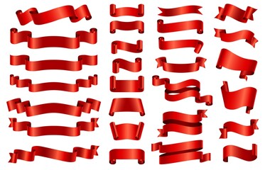 Red silk ribbon banners. 3d curved and spiral glossy ribbons for congratulation, opening, gift or festive. Satin decorative band vector set