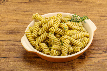 Italian pasta Fusilli with pesto