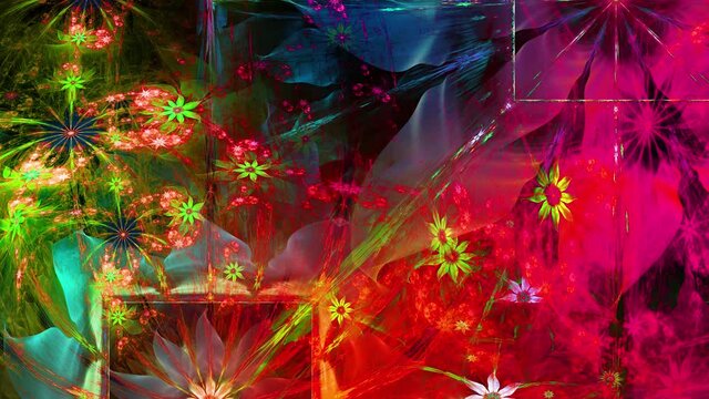 Rainbow color changing abstract fractal background with intricate interconnected psychedelic space flowers