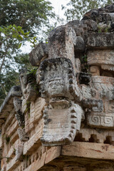 Fototapeta premium Kukulcan mask representing a face in a crocodile mouth, at mayan temple ruins in Labna, Yucatan, Mexico