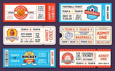 Sport tickets. Baseball, american football, soccer, hockey and basketball game ticket templates. Match invite coupons with logo vector set © Tartila