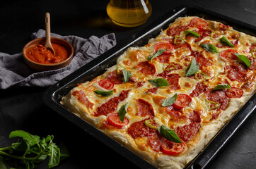 Detroit-style pizza. Square pepperoni pizza with sauce.