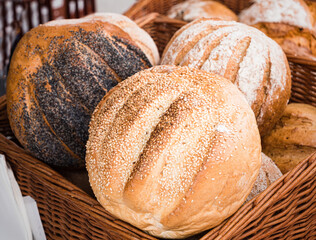 Assorted organic artisan made bread on sale at a farmers market