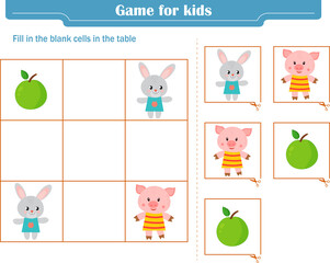  Logic game for children. Fill in the blank cells in the table so that in each row and column the element appears only once