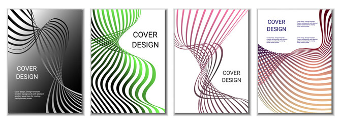 A set of 4 abstract covers. Wavy parallel gradient lines, ribbons evolve. Cover design, background. Trendy banner, poster.