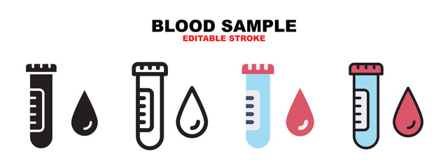 Blood Sample icon set with different styles. Icons designed in filled, outline, flat, glyph and line colored. Editable stroke and pixel perfect. Can be used for web, mobile, ui and more.