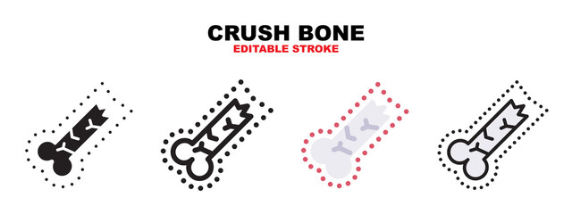 Crush Bone icon set with different styles. Icons designed in filled, outline, flat, glyph and line colored. Editable stroke and pixel perfect. Can be used for web, mobile, ui and more.