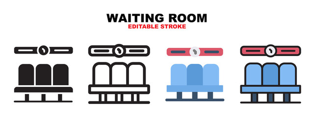 Waiting room icon set with different styles. Icons designed in filled, outline, flat, glyph and line colored. Editable stroke and pixel perfect. Can be used for web, mobile, ui and more.