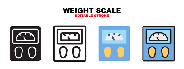 Weight Scale icon set with different styles. Icons designed in filled, outline, flat, glyph and line colored. Editable stroke and pixel perfect. Can be used for web, mobile, ui and more.
