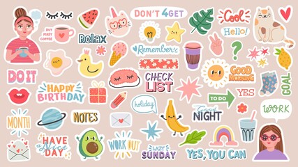 Diary stickers. Words, characters and quotes for planner journal. Trendy notebook decor with girls, food and cats. Daily reminder vector set - obrazy, fototapety, plakaty
