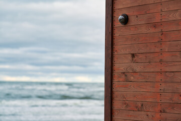 IP CCTV camera with security system installed on wooden wall