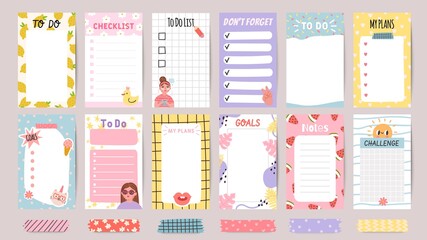 Planner list notes. Weekly to do lists and daily schedule with stickers and cute patterns. Checklist for goals and plans template vector set