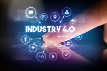 Finger touching tablet with web technology icons concept